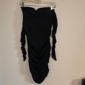Elegant Black Strapless Dress - attached sleeves for off the shoulder look